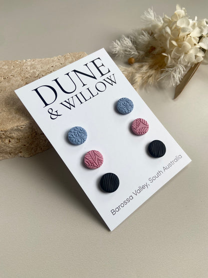 STUD PACK -blue, pink, black