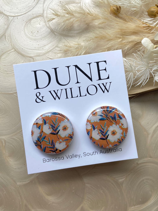 MUSTARD FLORAL STUDS- 25mm