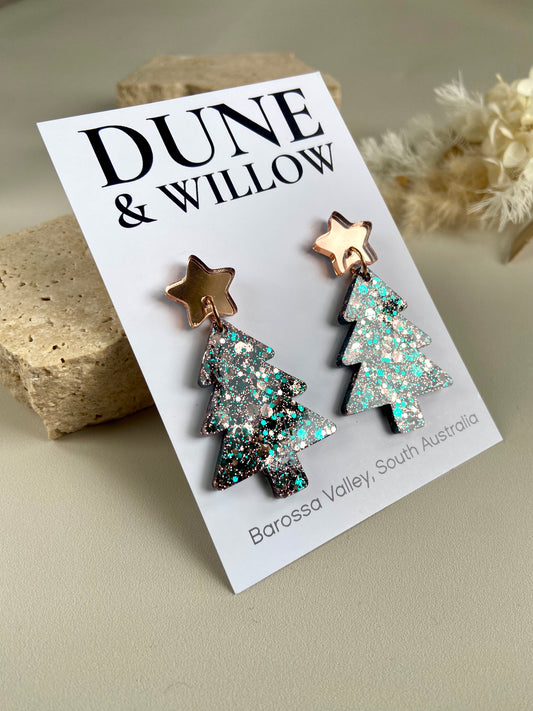 TREE DANGLES -forest green and rose gold