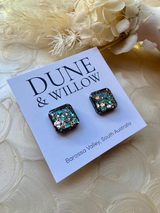 FOREST & ROSE GOLD STUDS -small square