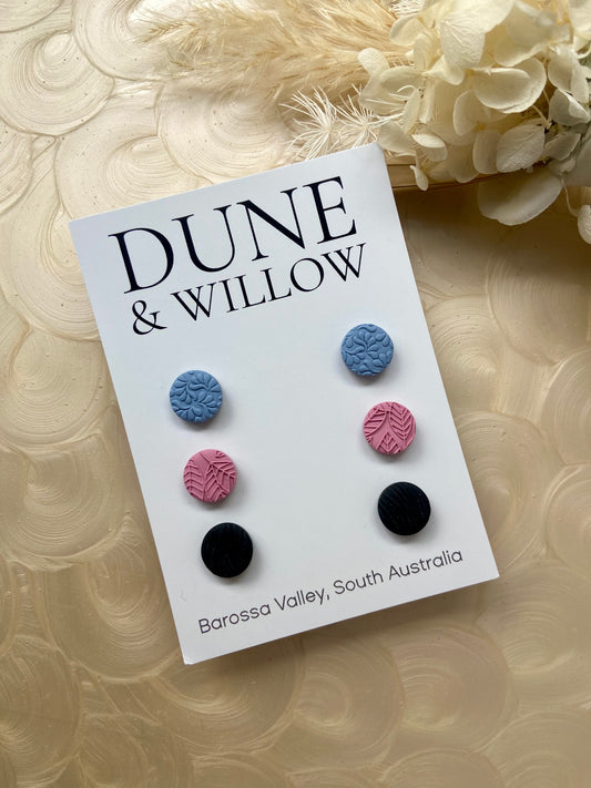 STUD PACK -blue, pink, black