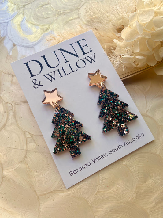 TREE DANGLES -forest green and rose gold